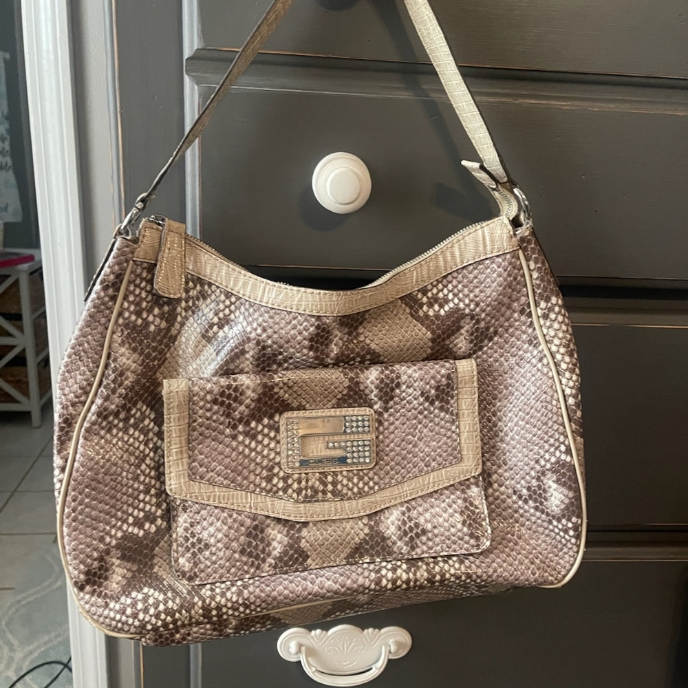 Guess Handbag, snakeskin print. Cream and Brown